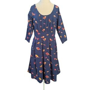 eShakti Navy Blue Bird Print Cotton Fit & Flare Dress Custom Smocked‎ Pockets